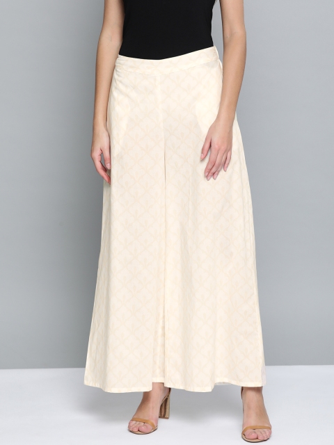 

HERE&NOW Women Off-White & Cream-Coloured Printed Wide Leg Palazzos