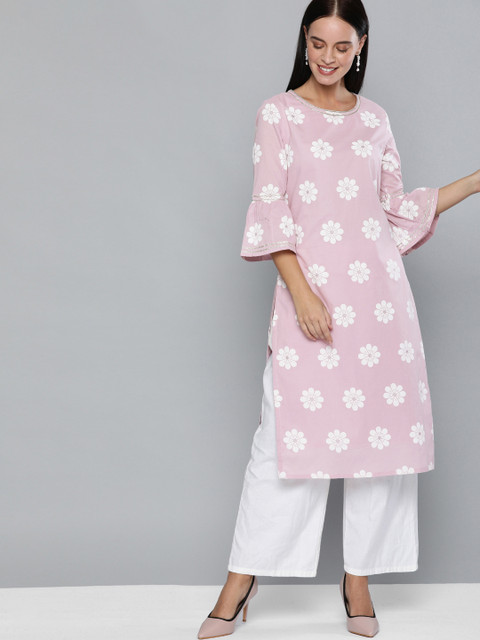 

HERE&NOW Women Pink & White Printed Straight Kurta