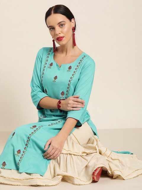 

Jaipur Kurti Women Turquoise Blue Embroidered Straight Kurta