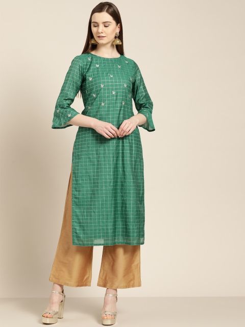 

Jaipur Kurti Women Green & Golden Zari Checked With Embroidered Detail Straight Kurta