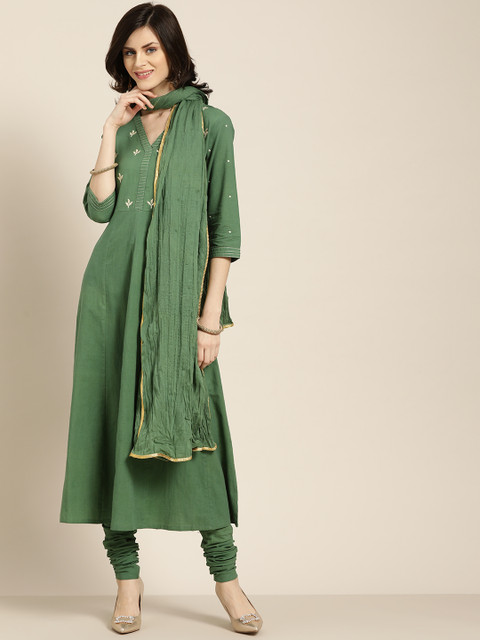

Jaipur Kurti Women Olive Green & Golden Yoke Design Kurta with Churidar & Dupatta