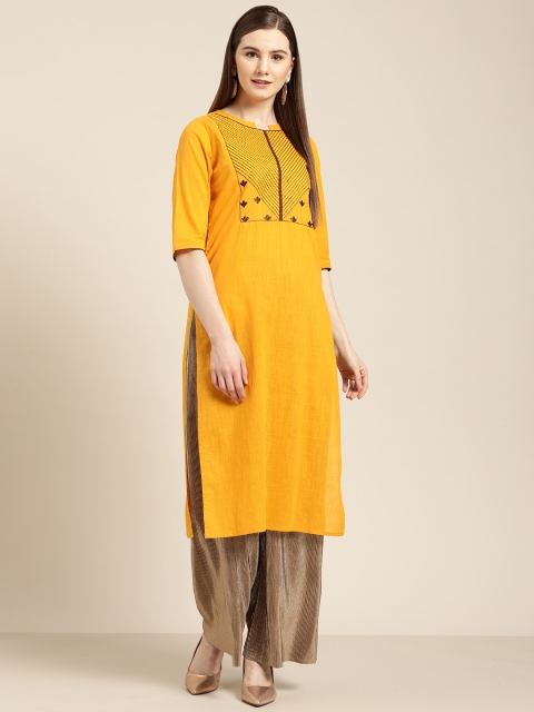 

Jaipur Kurti Women Mustard Yellow & Coffee BrownYoke Design Straight Kurta