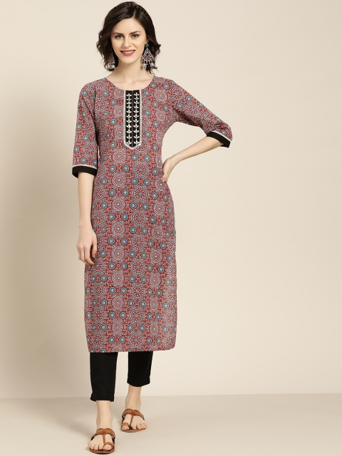 

Jaipur Kurti Women Maroon & Black Printed Kurta with Trousers