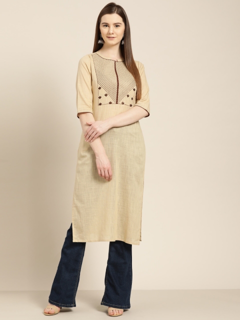 

Jaipur Kurti Women Beige & Coffee Brown Yoke Embroidered Straight Kurta