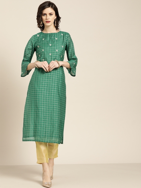 

Jaipur Kurti Women Green & Beige Self-Checked Kurta with Trousers