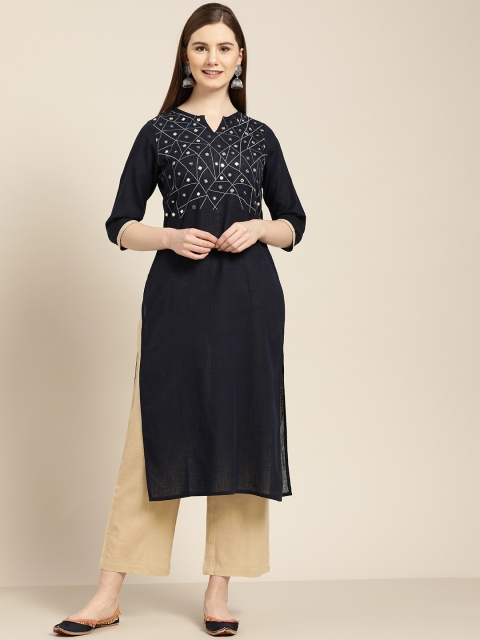 

Jaipur Kurti Women Navy Blue & Beige Yoke Design Kurta with Palazzos