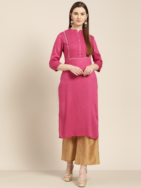 

Jaipur Kurti Women Pink & Golden Solid Dobby Weave Straight Kurta