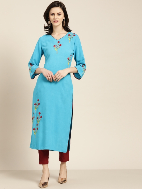 

Jaipur Kurti Women Blue & Maroon Embroidered Kurta with Trousers