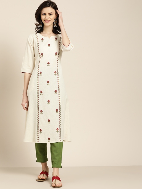 

Jaipur Kurti Women Off-White & Olive Green Embroidered Kurta with Trousers