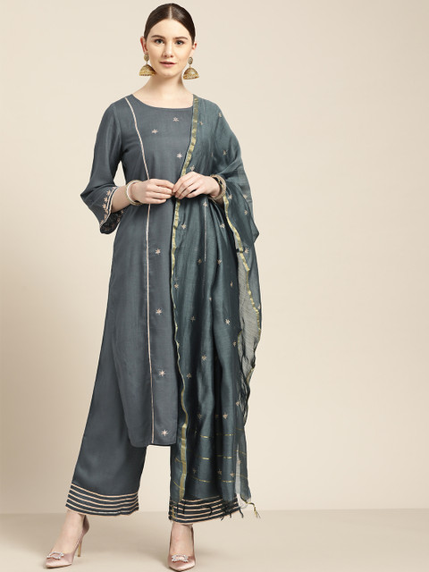 

Jaipur Kurti Women Charcoal Grey Embroidered Kurta with Palazzos & Dupatta
