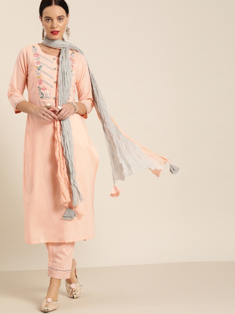 

Jaipur Kurti Women Pink & Grey Embroidered Yoke Design Kurta with Palazzos & Dupatta