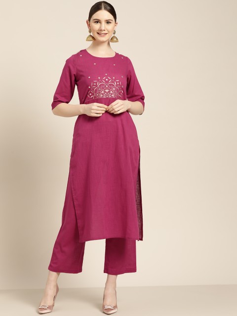 

Jaipur Kurti Women Magenta & Beige Embroidered Yoke Design Kurta with Palazzos