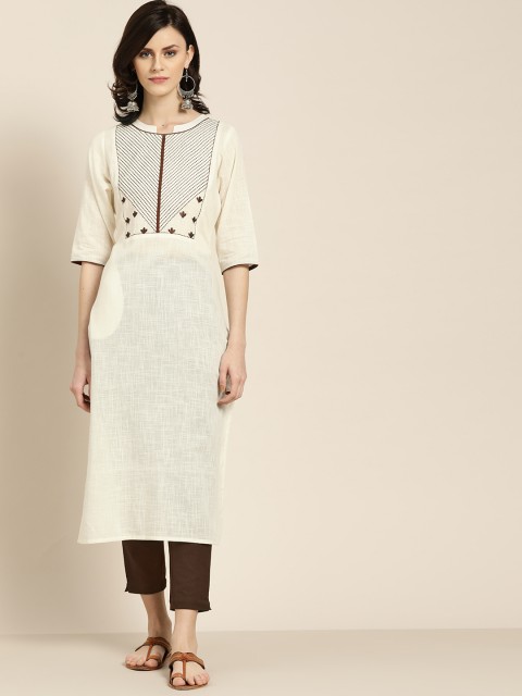

Jaipur Kurti Women Off-White & Coffee Brown Yoke Design Kurta with Trousers