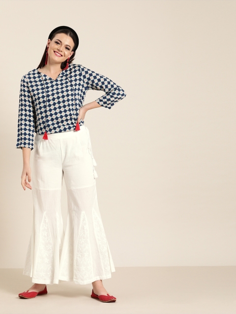 

Jaipur Kurti Women White Hem Design Flared Palazzos with Embroidered Detailing