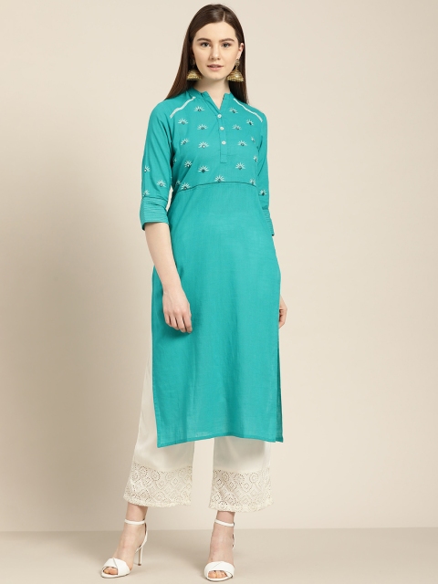 

Jaipur Kurti Women Turquoise Blue Yoke Design Straight Kurta