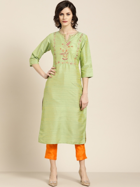 

Jaipur Kurti Women Green & Orange Embroidered Yoke Design Kurta with Trousers
