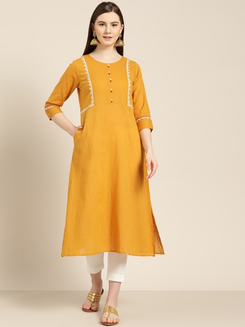 

Jaipur Kurti Women Mustard Yellow & Silver Solid A-Line Kurta with Embroidered Detail