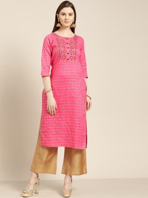 

Jaipur Kurti Women Pink & Golden Self-Checked Yarn Dyed Straight Kurta