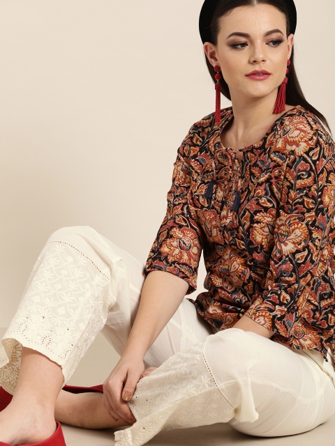 

Jaipur Kurti Women Off-White Hem Design Straight Palazzos with Embroidered Detailing