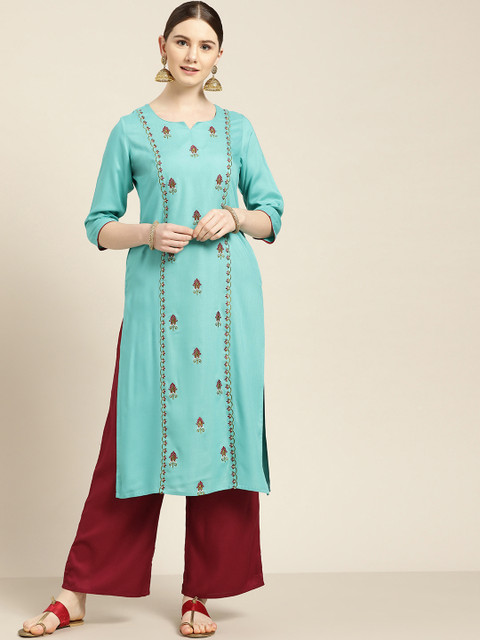

Jaipur Kurti Women Blue & Maroon Embroidered Kurta with Palazzos