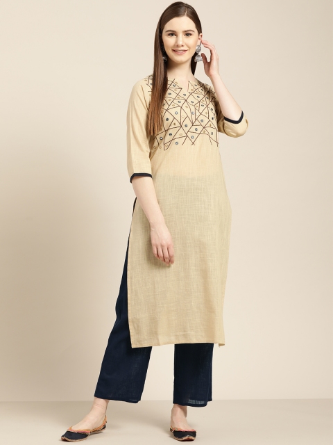 

Jaipur Kurti Women Beige & Navy Blue Embroidered Yoke Design Kurta with Palazzos