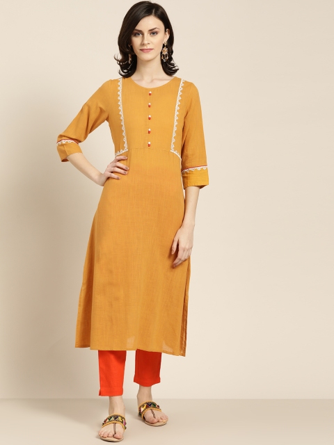 

Jaipur Kurti Women Mustard Yellow & Orange Yoke Design Kurta with Trousers