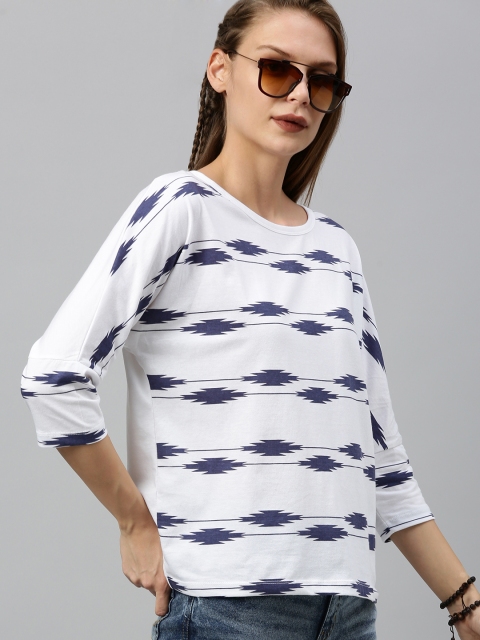 

Roadster Women White & Blue Printed Round Neck T-shirt