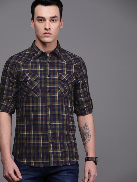 

Ducati Men Olive Green & Navy Blue Slim Fit Checked Casual Shirt