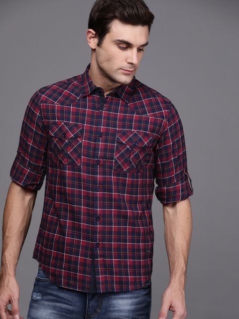 

Ducati Men Red & Navy Blue Slim Fit Checked Casual Shirt