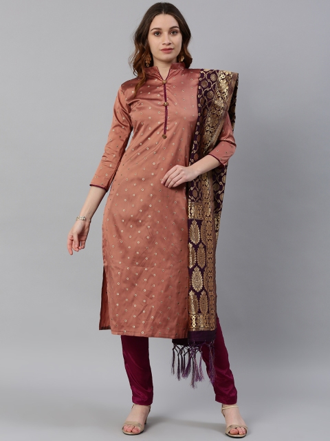 

Satrani Brown & Gold-Toned Woven Design Poly Silk Unstitched Dress Material