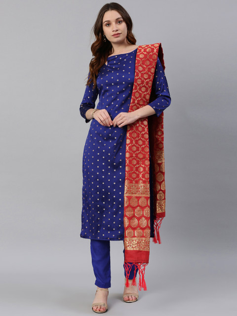 

Satrani Blue & Red Silk Blend Unstitched Dress Material