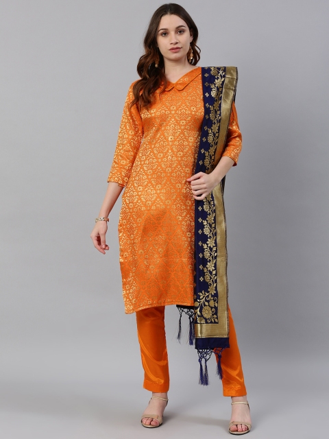 

Satrani Orange & Gold Woven Design Poly Silk Unstitched Dress Material