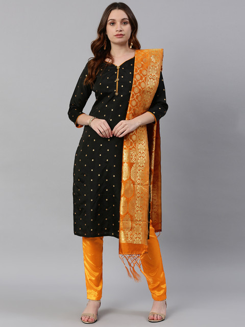 

Satrani Black & Mustard Yellow Silk Blend Unstitched Dress Material