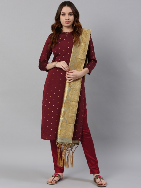 

Satrani Maroon & Beige Silk Blend Unstitched Dress Material