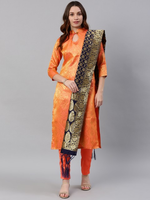 

Satrani Orange & Navy Blue Silk Blend Unstitched Dress Material