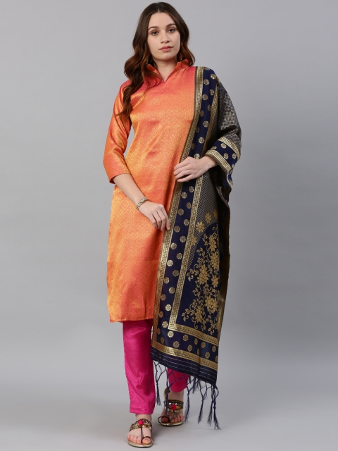 

Satrani Peach-Coloured & Gold-Toned Woven Design Poly Silk Unstitched Dress Material