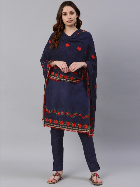 

Satrani Navy Blue & Red Cotton Blend Unstitched Dress Material