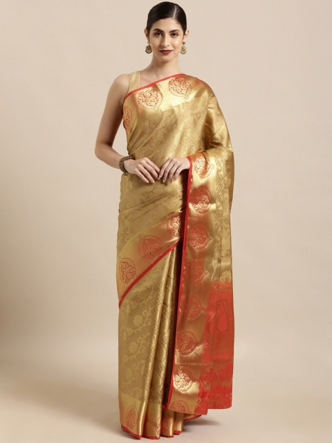 

Mitera Gold-Toned & Orange Art Silk Woven Design Kanjeevaram Saree