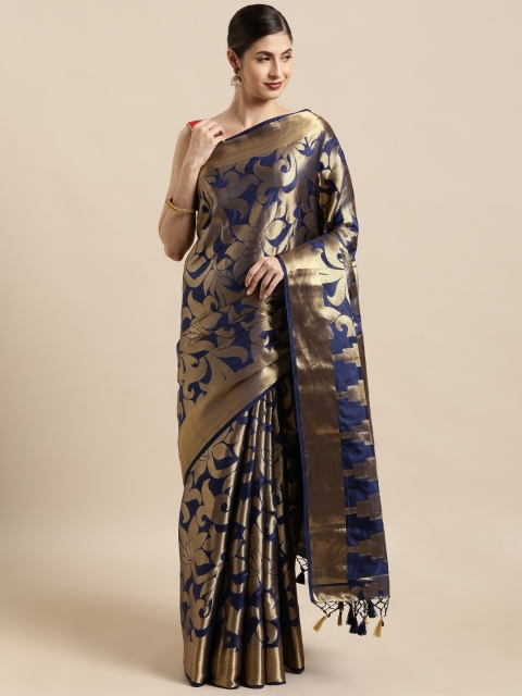 

Mitera Navy Blue & Gold-Toned Art Silk Woven Design Kanjeevaram Saree