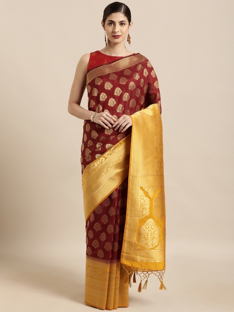 

Mitera Maroon & Mustard Yellow Art Silk Woven Design Kanjeevaram Saree