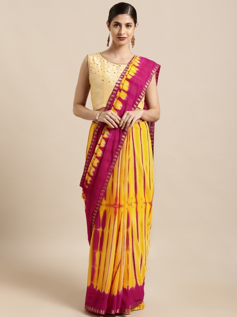 Yellow & Pink Poly Chiffon Printed Pochampally Saree