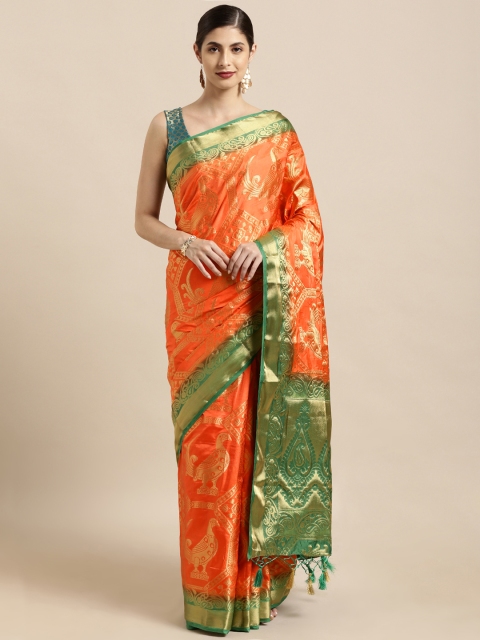 

Mitera Orange & Green Art Silk Woven Design Kanjeevaram Saree