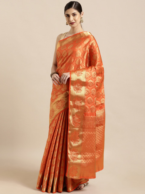 

Mitera Orange & Gold-Toned Art Silk Woven Design Kanjeevaram Saree