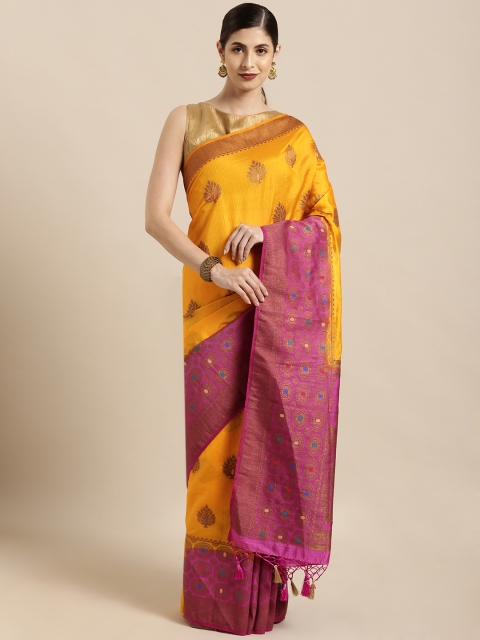 

Mitera Mustard Yellow & Brown Art Silk Woven Design Kanjeevaram Saree