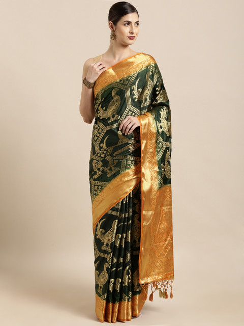 

Mitera Green & Gold-Toned Art Silk Woven Design Kanjeevaram Saree