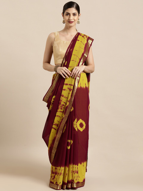 

Mitera Maroon & Mustard Yellow Art Silk Printed Saree