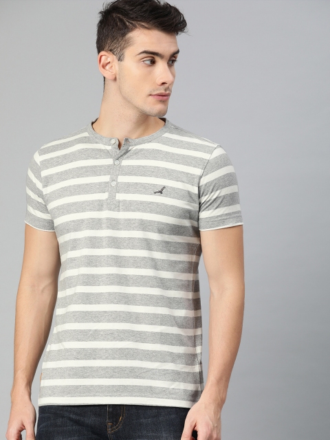 

American Crew Men White & Grey Melange Striped Henley Neck T-shirt