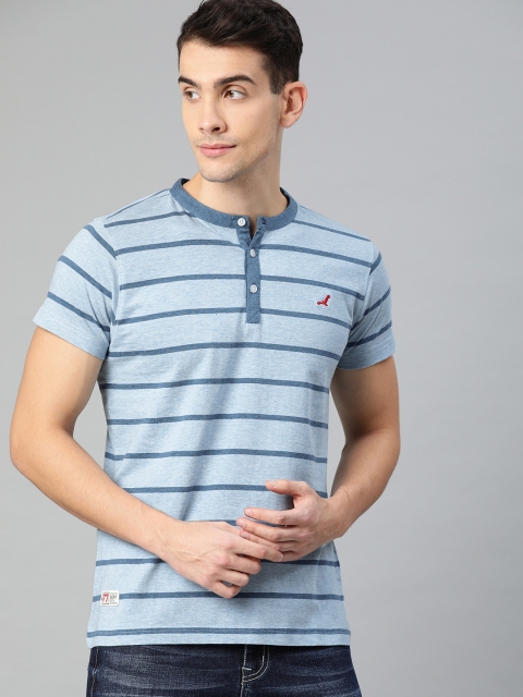 

American Crew Men Blue Striped Henley Neck T-shirt