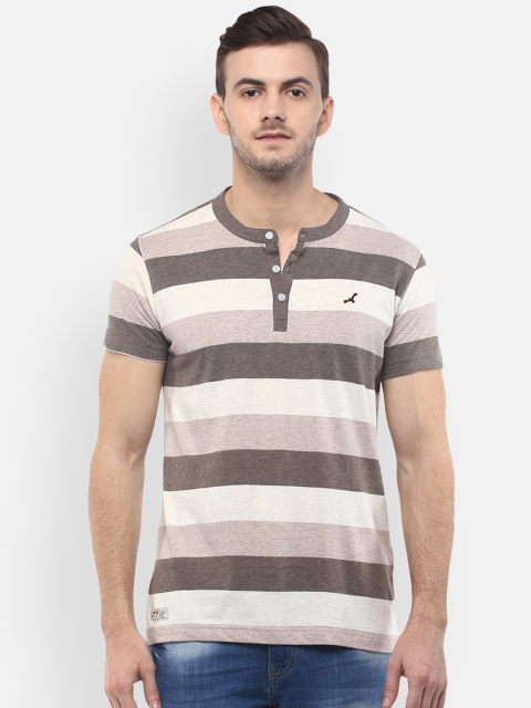 

American Crew Men Off White Grey Striped Cotton Henley Neck Pure Cotton T-shirt
