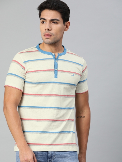 

American Crew Men Beige Striped Henley Neck T-shirt